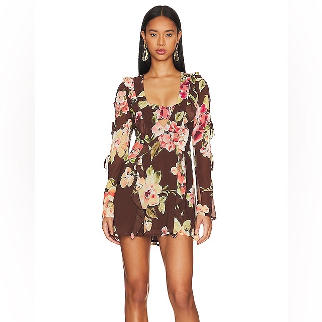 Revolve Tularosa Hayes Long Sleeve Floral Print Mini Dress Brown Size Small